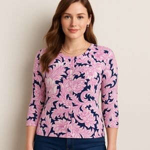 Talbots Pink Paisley Cardigan Sweater Women’s SP Petite 3/4 Sleeve Knit Floral